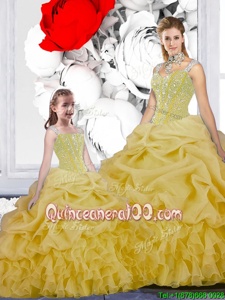 Artistic Yellow Ball Gowns Organza Straps Sleeveless Beading and Ruffles and Pick Ups Floor Length Lace Up Quinceanera Dresses