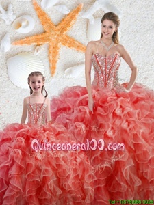 Edgy Coral Red Sleeveless Beading and Ruffles Floor Length Quinceanera Gowns