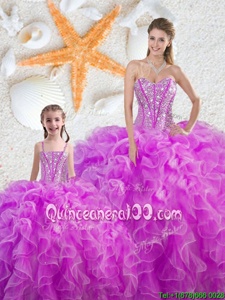 Excellent Fuchsia Ball Gowns Organza Sweetheart Sleeveless Beading and Ruffles Floor Length Lace Up Quinceanera Gown