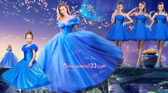 Spectacular Off the Shoulder Short Sleeves Tulle Floor Length Lace Up Ball Gown Prom Dress inRoyal Blue forSpring and Summer and Fall and Winter withAppliques and Bowknot