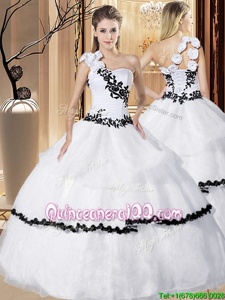 Best One Shoulder White Lace Up 15th Birthday Dress Appliques and Hand Made Flower Sleeveless Floor Length