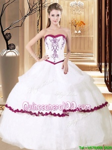 Floor Length Lace Up Sweet 16 Dress White And Red and In forMilitary Ball and Sweet 16 and Quinceanera withEmbroidery and Ruffled Layers