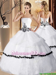 White Ball Gowns Strapless Sleeveless Organza Floor Length Lace Up Appliques and Ruffled Layers Quinceanera Gowns