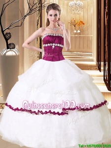 Sophisticated White and Eggplant Purple Ball Gowns Organza Strapless Sleeveless Beading Floor Length Lace Up Vestidos de Quinceanera