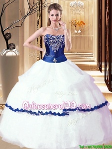 Chic White and Royal Blue Strapless Neckline Beading and Ruffled Layers Sweet 16 Dress Sleeveless Lace Up