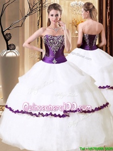 Decent Sleeveless Organza Floor Length Lace Up Quinceanera Dresses inWhite And Purple forSpring and Summer and Fall and Winter withBeading