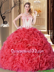 Cheap Floor Length Coral Red Quinceanera Gown Fabric With Rolling Flowers Sleeveless Spring and Summer and Fall and Winter Embroidery and Ruffles