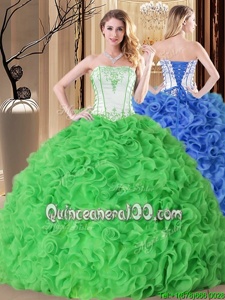 Latest Sleeveless Floor Length Embroidery and Ruffles Lace Up Vestidos de Quinceanera with Spring Green