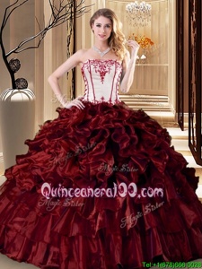 Inexpensive Wine Red Sleeveless Floor Length Ruffles Lace Up 15th Birthday Dress