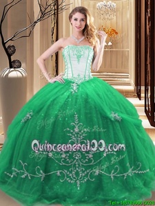 Green Ball Gowns Tulle Strapless Sleeveless Embroidery Floor Length Lace Up 15th Birthday Dress