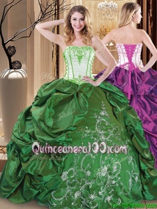 Floor Length Green Quinceanera Dresses Taffeta Sleeveless Spring and Summer and Fall and Winter Embroidery