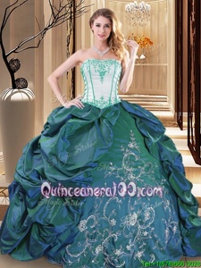 Chic Pick Ups Ball Gowns Sweet 16 Dress Turquoise Strapless Taffeta Sleeveless Floor Length Lace Up