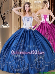 Glittering Royal Blue Ball Gowns Taffeta Strapless Sleeveless Embroidery Floor Length Lace Up Ball Gown Prom Dress