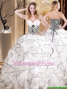 High Quality White And Black Quince Ball Gowns Military Ball and Sweet 16 and Quinceanera and For withRuffles Sweetheart Sleeveless Lace Up