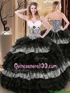 Fabulous Organza and Printed Sweetheart Sleeveless Lace Up Ruffled Layers and Pattern Sweet 16 Dresses inBlack