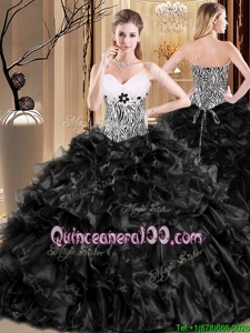 Glorious Sleeveless Floor Length Ruffles Lace Up Quince Ball Gowns with Black