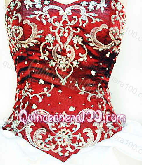 Affordable Embroidery and Pick-ups Ball Gown Strapless Red and White Quinceanera Dress
