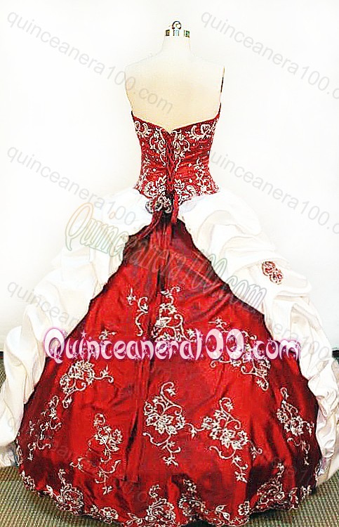 Affordable Embroidery and Pick-ups Ball Gown Strapless Red and White Quinceanera Dress
