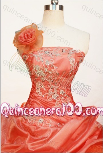 Gorgeous Orange Red Ball Gown One Shoulder Neck Quinceanera Dress with Appliques and Pick-