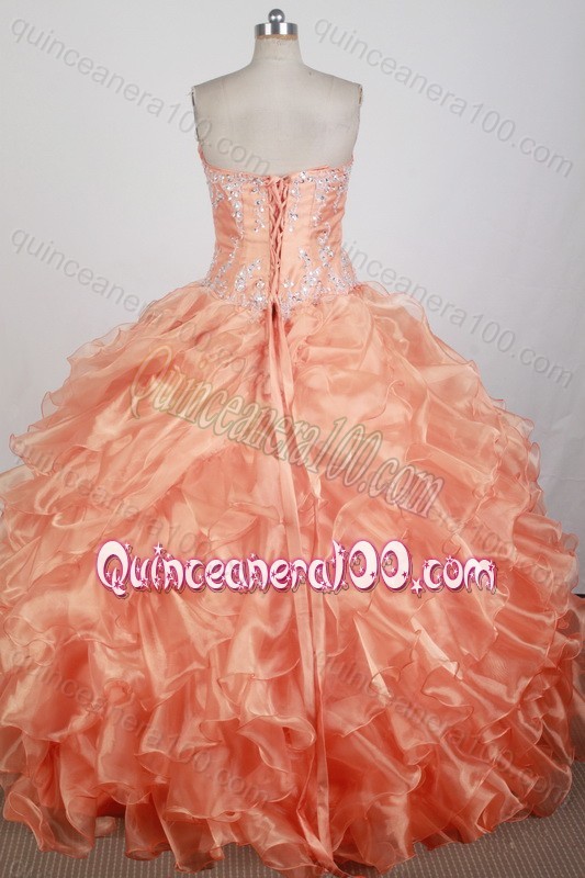 Sweetheart Beadings Embroidery Orange Ruffles Discount Quinceanera Dress