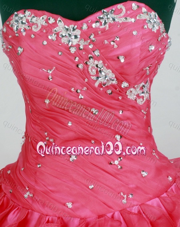 Sweetheart Ball Gown Appliques with Sequins Quinceanera Dresses in Coral Red