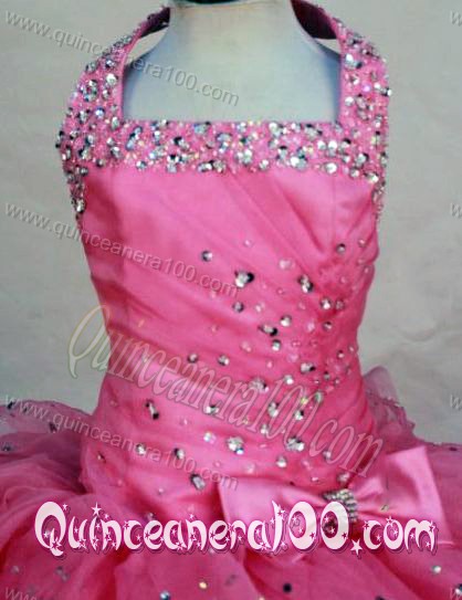 Wonderful Halter Top Hot Pink Organza Beading Little Girl Pageant Dresses