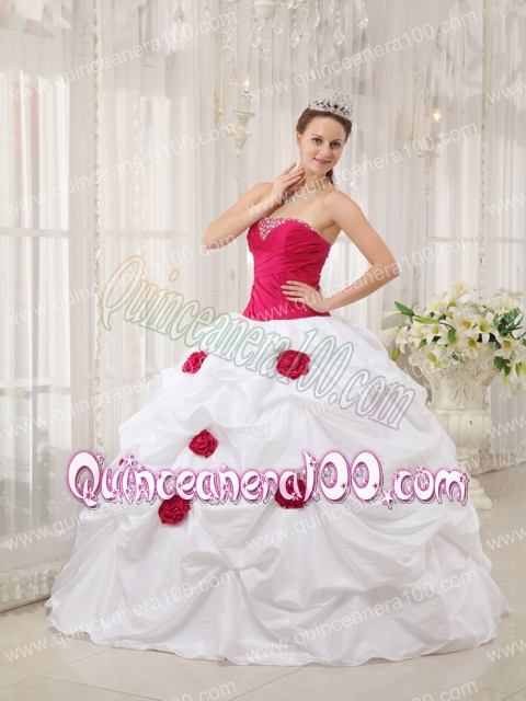 Hot Pink and White Ball Gown Strapless Floor-length Taffeta Hand Made Flower Quinceanera D