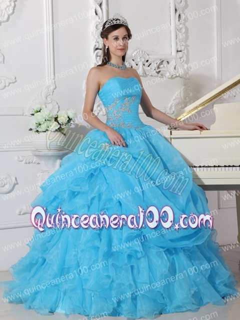 Aqua Blue Ball Gown Strapless Floor-length Organza Beading Quinceanera ...