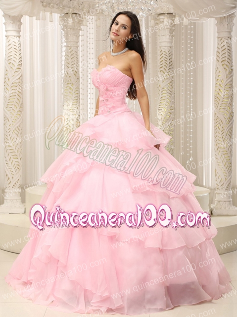 Baby Pink Ruched Bodice Hand Made Flowers Decorate Waist For Quinceanera Dress