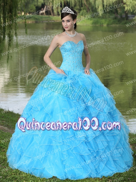 Beaded Ruffles Layered Decorate Aqua Blue Quinceanera Dress