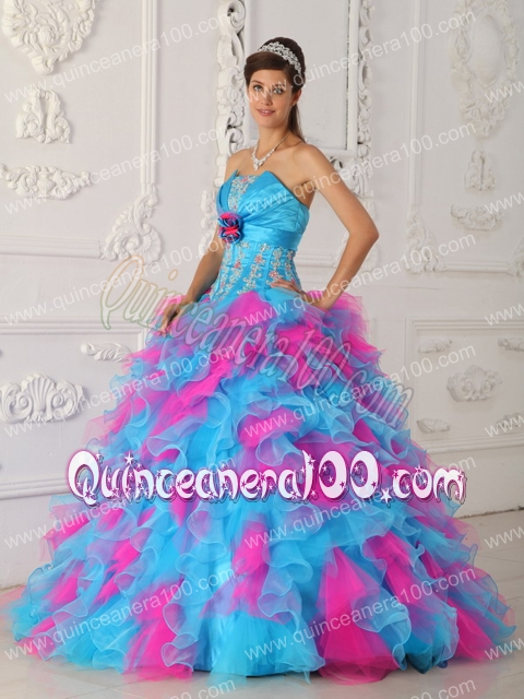 Multi-color Strapless Organza Appliques and Hand Flower Quinceanera Dress