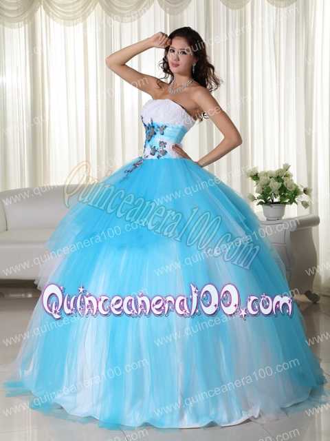 Aqua Blue Ball Gown Strapless Floor-length Tulle Beading Quinceanera Dress