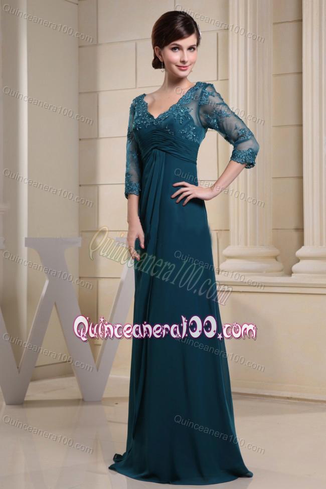 2014 Inexpensive V-neck Teal Mother Of The Dress With Lace