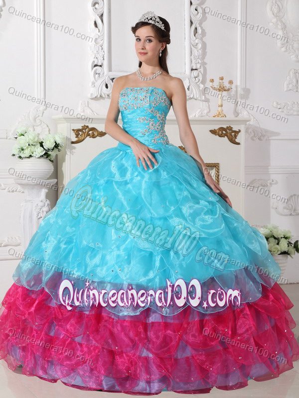 Aqua Blue and Hot Pink Quinceanera Dress with Ruffle Pieces ...
