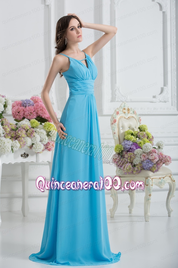 Empire Straps Ruching Baby Blue Floor-length Chiffon Mother of the Dress
