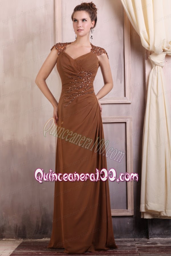 V-neck Column Chiffon Appliques with Beading Mother of the Dress in Brown