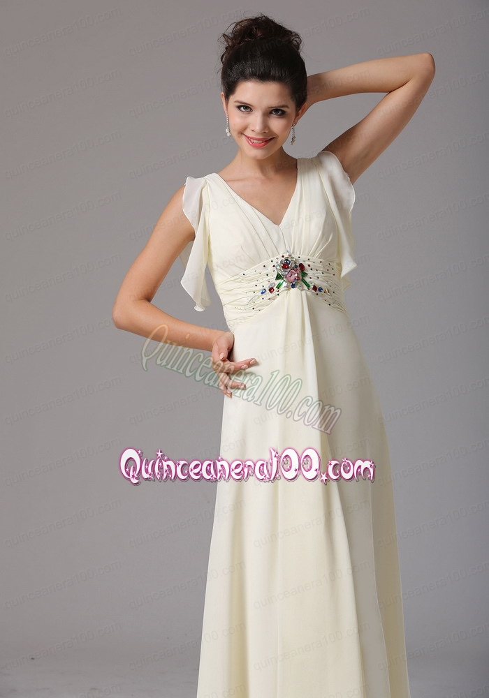 Wholesale Light Yellow Empire V Neck Mother of the Dress With Beading In Indiana