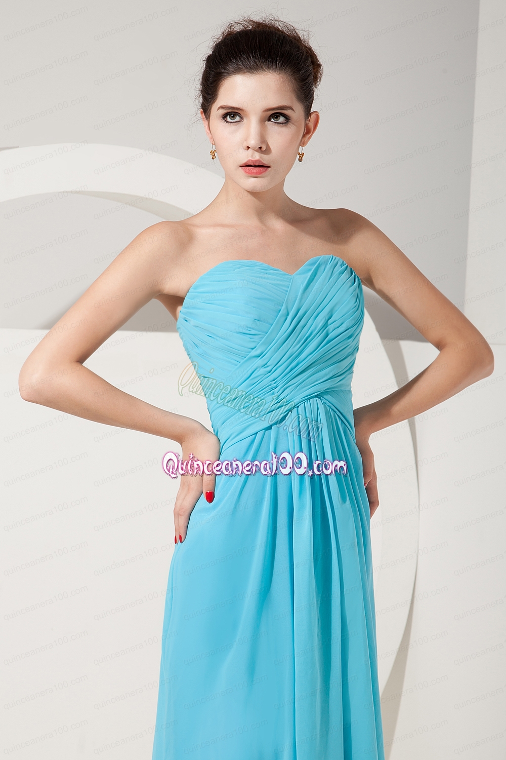 Elegant Baby Blue Empire Sweetheart Ruch Mother of the Dress Floor Length Chiffon