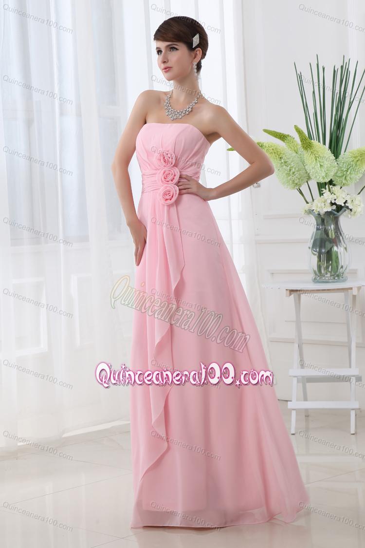 A-line Strapless Hand Made Flowers Chiffon Baby Pink Dresses for Dama ...