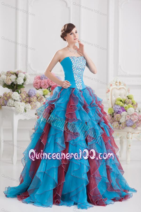 Ball Gown Strapless Organza Beading Ruffles Multi-color Quinceanera Dress