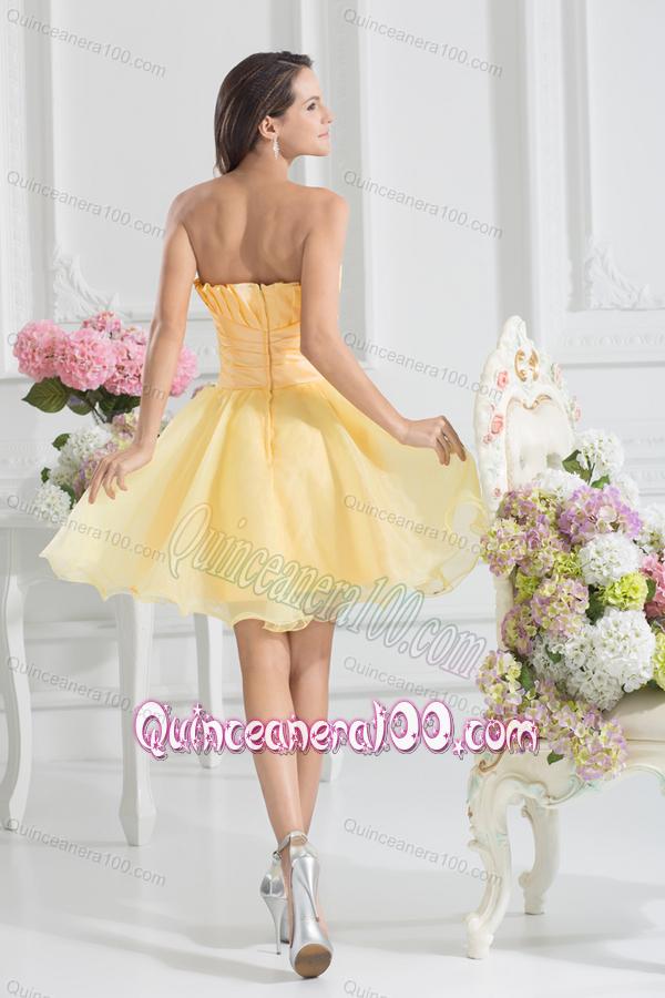 A-line Yellow Strapless Hand Made Flower Organza Dama Dresses