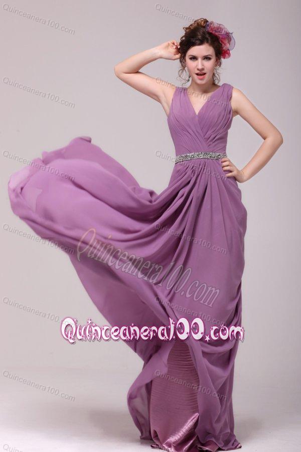Beaded Decorate Waist V-neck Chiffon Lilac Dama Dress for Quinceanera for Girls