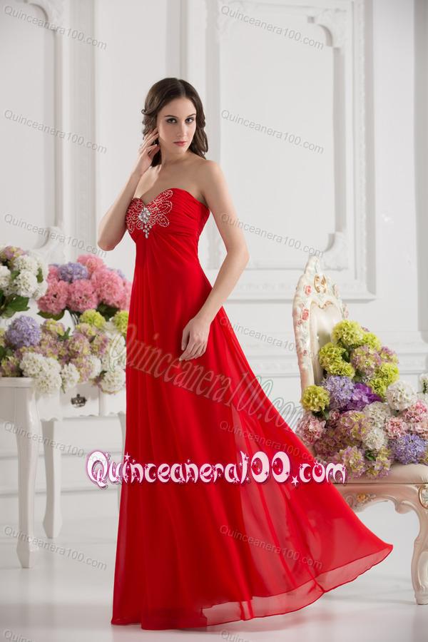 Empire Sweetheart Chiffon Beading Ruching Floor-length Dama Dresses in Red