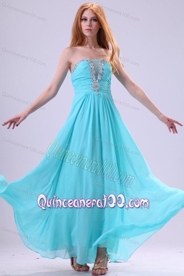 Aqua Blue Chiffon Strapless Empire Dama Dress for Quinceanera with ...