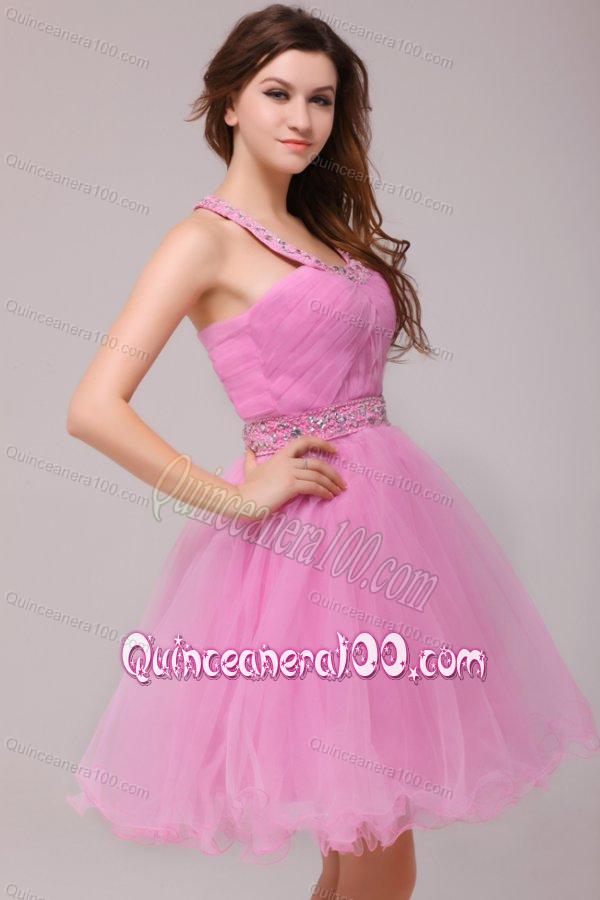 Rose Pink Halter Top Beading and Ruching Dresses for Dama