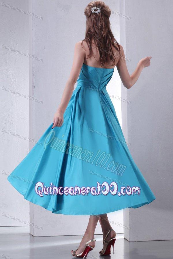 Teal Empire Strapless Tea-length Dama Dress for Quinceanera with Beading