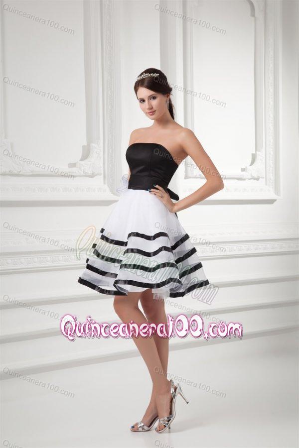 White and Black A-line Strapless Mini-length Organza Dama Dress for Quinceanera with Ruffl