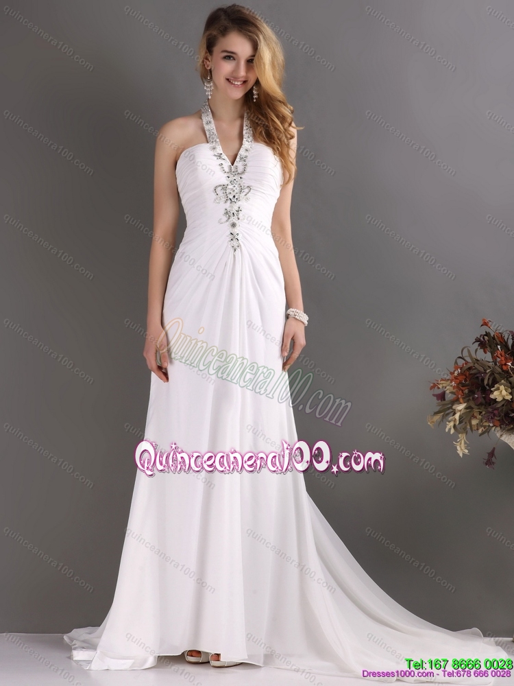 Cheap 2015 Halter Top White Dama Dress with Ruching and Beading