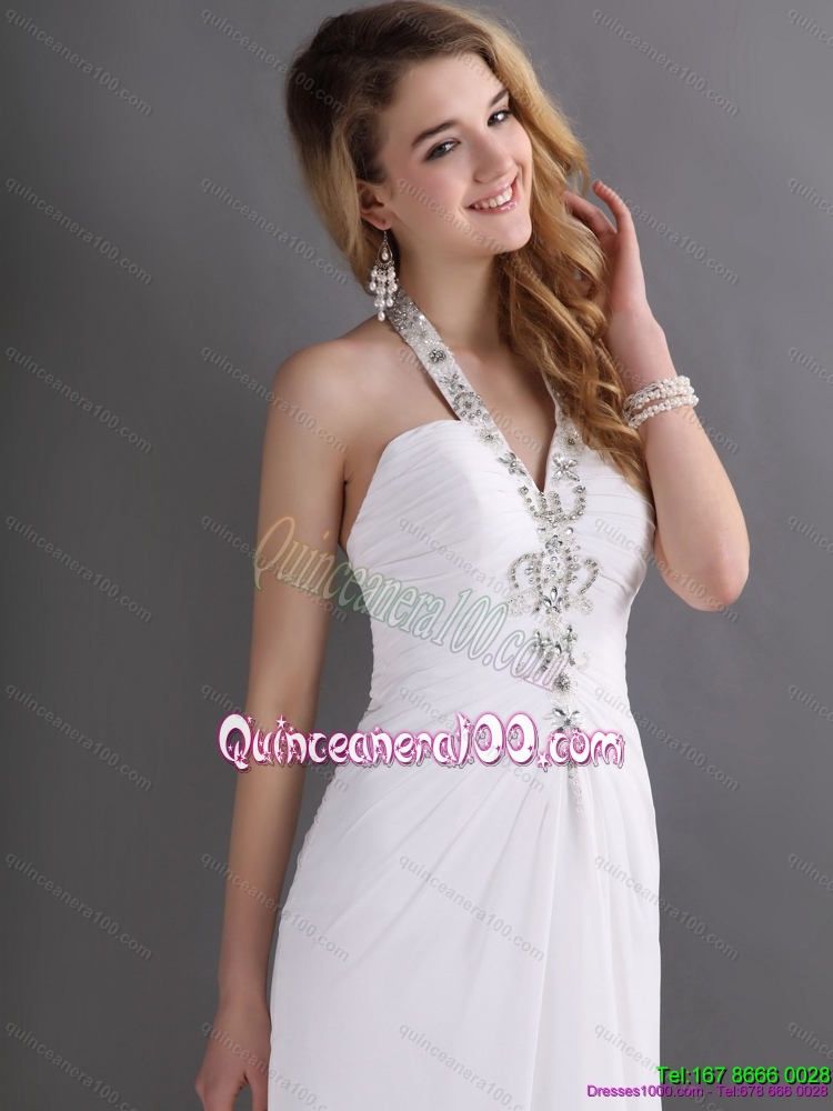 Cheap 2015 Halter Top White Dama Dress with Ruching and Beading