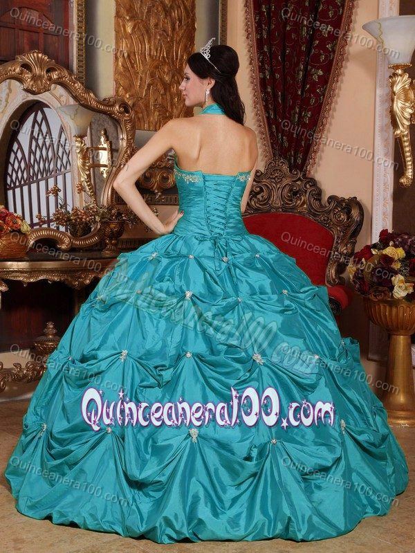 Taffeta Teal Appliques Quinceanera Dress with Halter Neck - Quinceanera 100